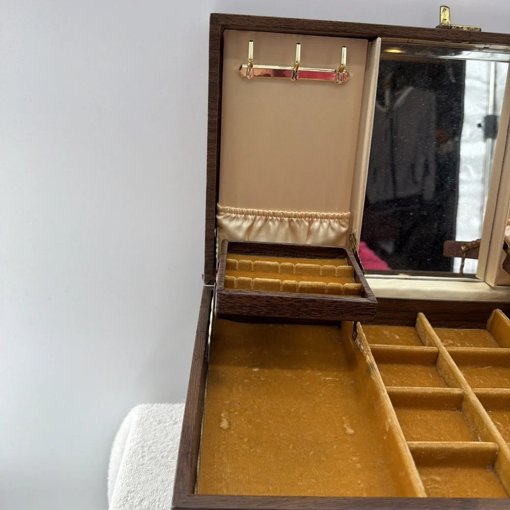 Midcentury Leatherette Large Drawer Jewelry Box, With Mirror 16x9x6.5